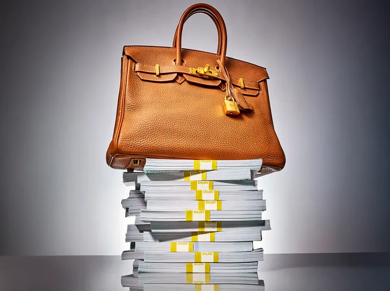 A tan Hermès Birkin handbag resting atop a tall stack of banded cash