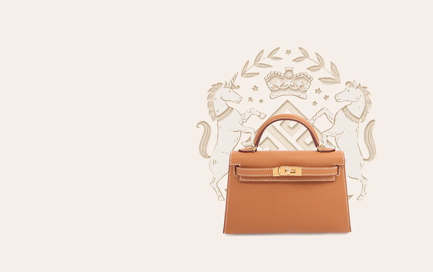 Hermès tan Kelly handbag over a heraldic crest